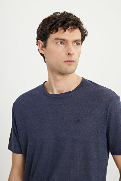 ALTINYILDIZ CLASSICS Men's Navy Blue 100% Linen Slim Fit Slim Fit Crew Neck T-Shirt