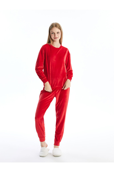 LC Waikiki Young Red Crew Neck Embroidered Long Sleeve Women's Pajama Set