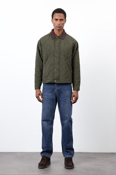 Antioch Khaki Contrast Collar Diamond Pattern Men's Coat