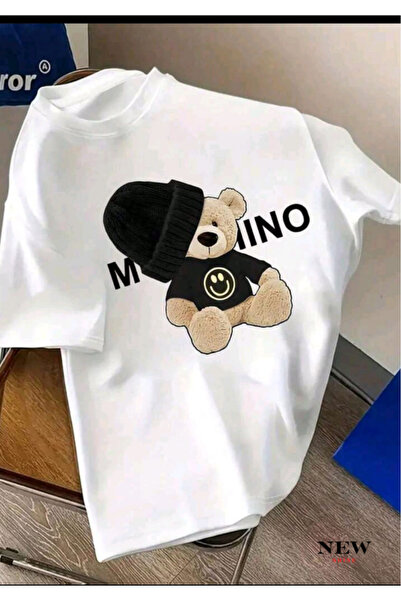 New Shine Ursuleț alb-negru cu imprimeu supradimensionat tricou