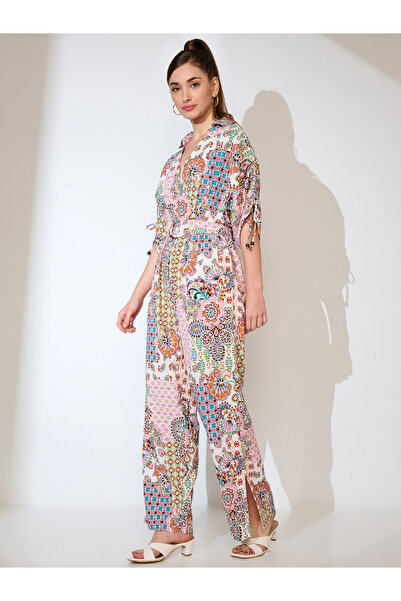 Globus By Styli Multi Ruched Sleeves Ethnic Motif Print Belted Fusion Jumpsuit