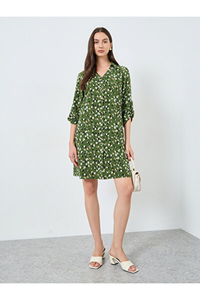 Take Two By Styli Khaki Graphic Print Knee-Length Shirt Dress