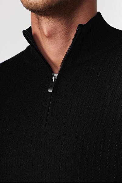 Tudors Ανδρικό πουλόβερ με εφαρμοστό φερμουάρ, μαύρο πουλόβερ ψηλός λαιμός