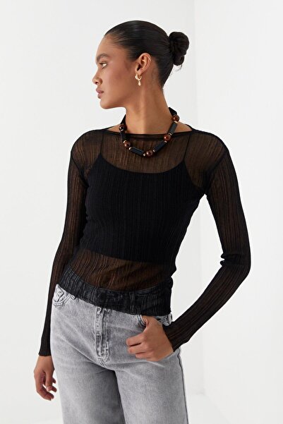 MARKALİSTE Ημιδιαφανές μακρυμάνικο μπλουζάκι κοτλέ μαύρο