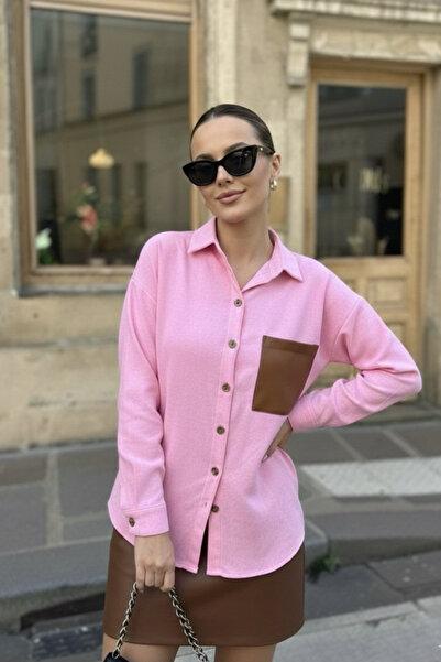 oshebu Γυναικείο δερμάτινο πουκάμισο ποπλίνα με λεπτομέρεια τσέπης