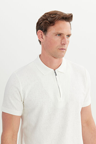 ALTINYILDIZ CLASSICS Men's Ecru Cotton Slim Fit Slim Fit Jacquard Polo Neck Flexible T-Shirt