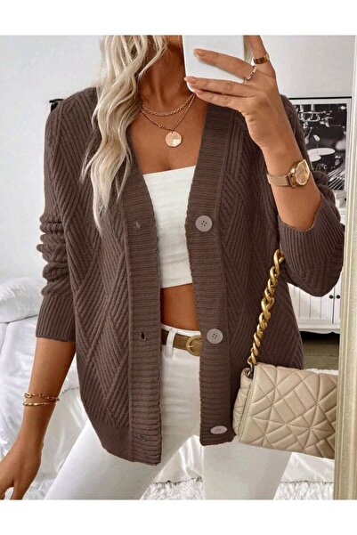 SolQ Baklava Patterned Buttoned Model Woven Detailed Long Sleeve Knitwear Cardigan