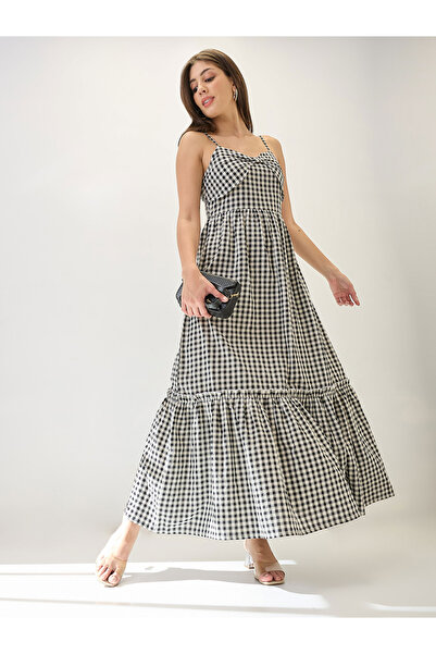 Globus By Styli Gingham Print Strappy Tiered Maxi Dress