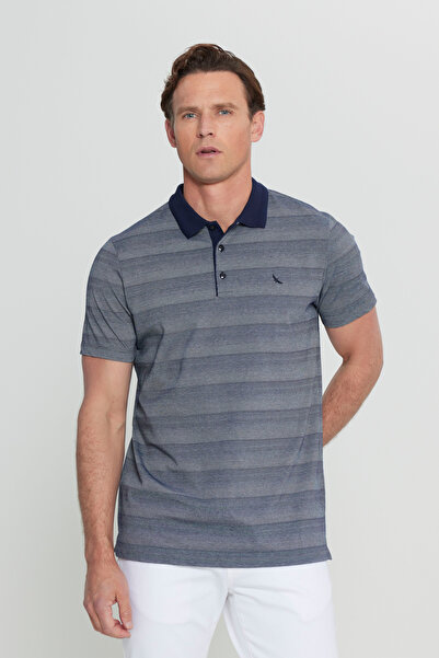 ALTINYILDIZ CLASSICS Men's Navy Blue Cotton Slim Fit Slim Fit Polo Neck Jacquard T-Shirt