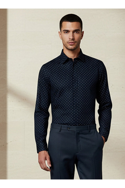 FAV قميص رجالي قصة ضيقة بأكمام طويلة وياقة مطبوع