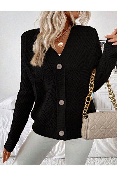 SolQ Baklava Patterned Buttoned Model Woven Detailed Long Sleeve Knitwear Cardigan