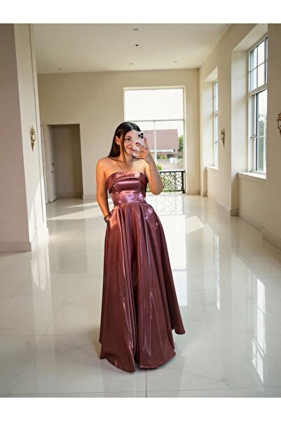 OLA Stella Hologram Saten Straplez Gül Kurusu Renk Abiye Elbise