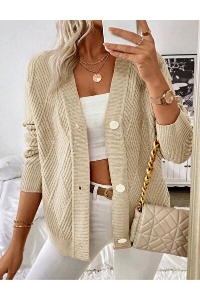 SolQ Baklava Patterned Buttoned Model Woven Detailed Long Sleeve Knitwear Cardigan
