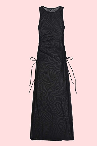 KILIÇ LİNGERİE Siyah File Detaylı Bikini Üstü Kapama Plaj Elbisesi