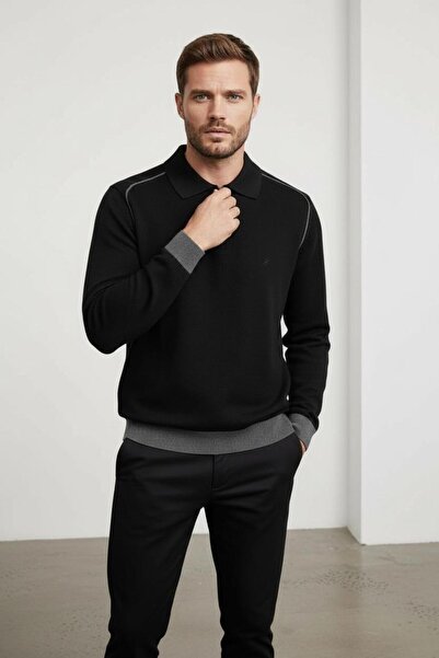 Sarar Πουλόβερ με φερμουάρ και γιακά πόλο, μαύρο πλεκτό πουλόβερ