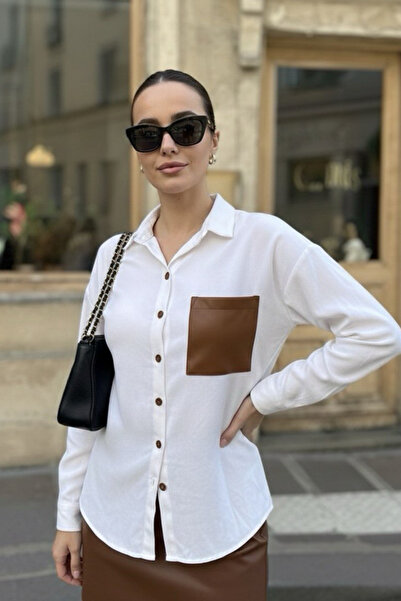 oshebu Women's Leather Pocket Detailed Poplin Shirt