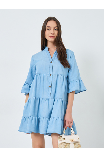 Take Two By Styli Light Blue Tiered Denim Mini Dress
