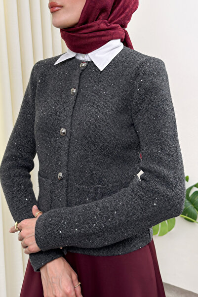 Salih Çelebi Parlak Pullu Düğmeli Triko Hırka 07426 - ANTRASİT