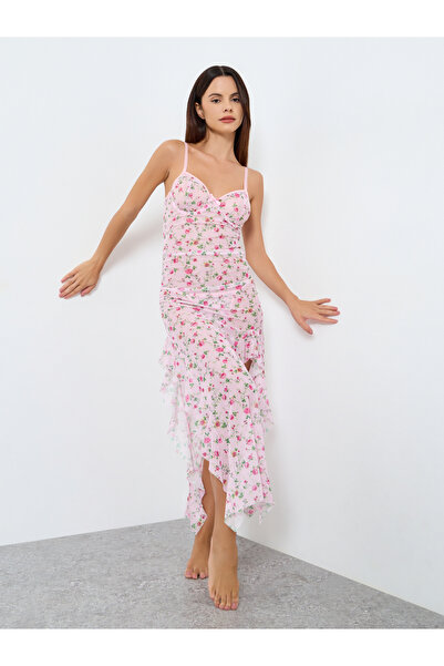 Take Two By Styli Floral Printed Wired Bra Ruffle Hem Detail Mesh Split Cami Dress with Thong Set