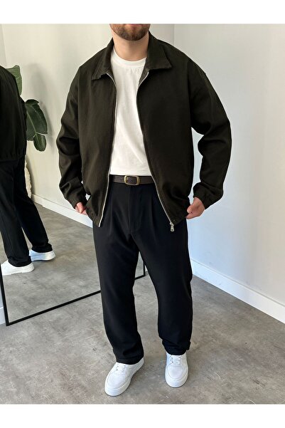 freemen Men's Basic Gabardine Fabric Zippered Oversized Transitional Polo Collar Khaki Jacket