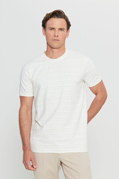 ALTINYILDIZ CLASSICS Men's Ecru Cotton Slim Fit Slim Fit Crew Neck Stretch T-Shirt