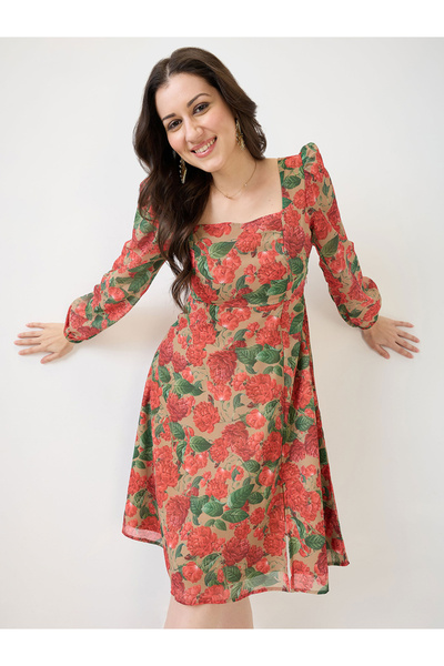 Globus By Styli فستان جورجيت متوسط ​​الطول مطبوع زهور وياقة مربعة