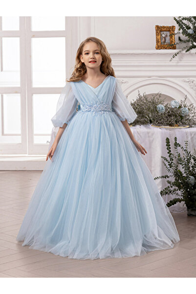 Take Two By Styli Blue Mesh Lace Detail Balloon Sleeve Dress