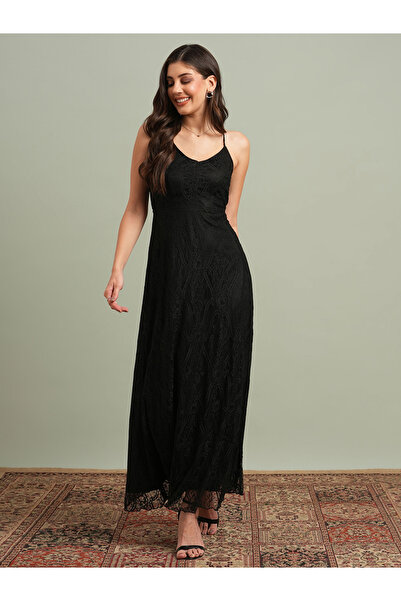 Globus By Styli Black V-Neck Back Cross Strap Lace Maxi Dress