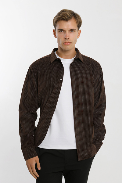 Smc by Semco Velvet Printed Button Classic Collar Long Sleeve Men's Shirt Slim Fit