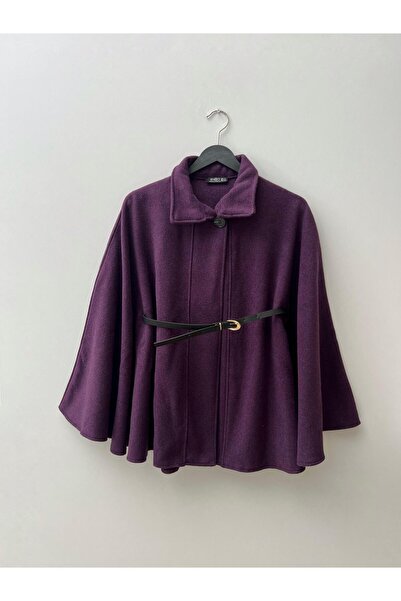 mfkeskin Kemerli kaşe panço Mürdüm