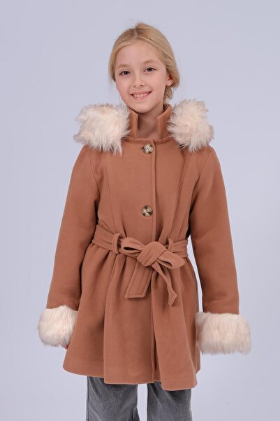 Perendi Παλτό για κορίτσια με λεπτομέρεια από γούνα με κουκούλα με ζώνη – Καφέ