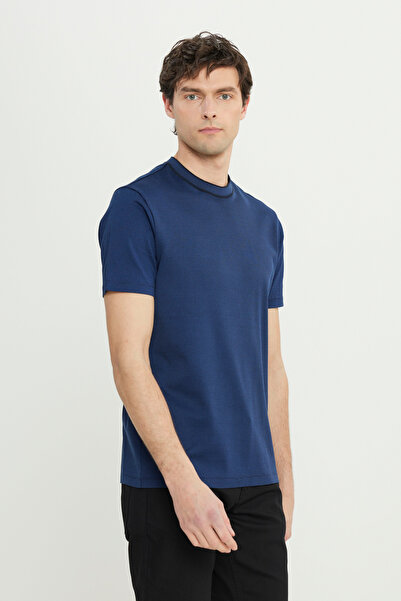ALTINYILDIZ CLASSICS Men's Navy Blue 100% Cotton Slim Fit Slim Fit Crew Neck Jacquard T-Shirt