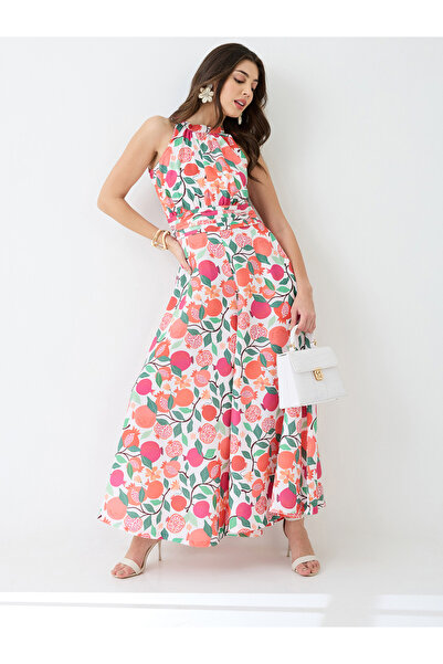 Globus By Styli Floral Fruit Print Pleated Detail Flared Fusion Jumpsuit