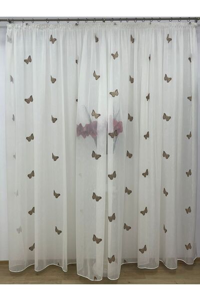Liz Line Embroidered curtain, ivory/brown color, with drapery, from the "Papillon" collection PD0377