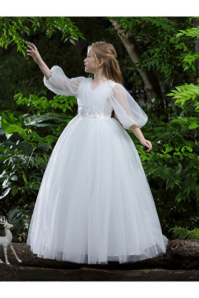 Take Two By Styli White Mesh Lace Detail Balloon Sleeve Dress