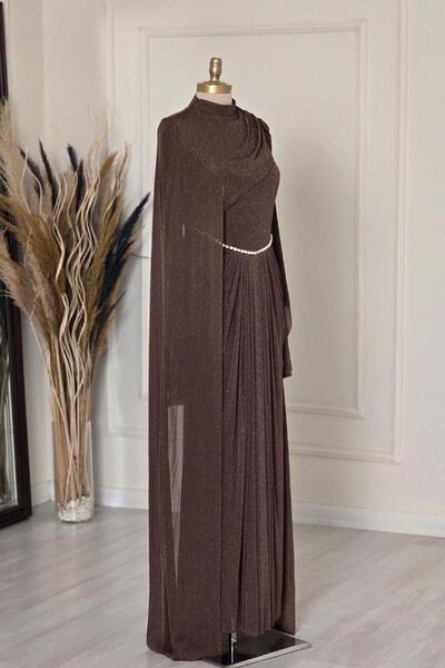 Yonca Moda Evi Kahverengi Simli Tül Tesettür Abiye 5480