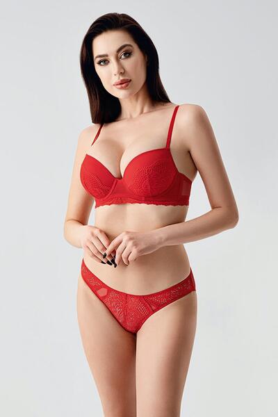 cotonhause Women's Push-Up Red Bra Set with Support – Lace, Stylish Underwear Set C7T6N1433