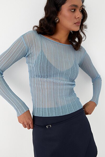 MARKALİSTE Ημιδιαφανές μακρυμάνικο μπλουζάκι κοτλέ μπλε