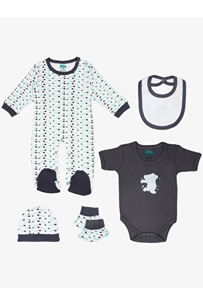 Babies Basic By Styli 5-Piece 100% Cotton Bib, Romper, Mittens, Cap and Sleepsuit Set