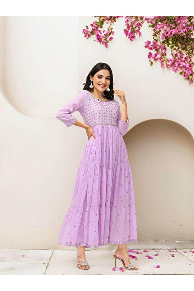 Ishin By Styli Lilac Mirror-Work Tiered Maxi Dress