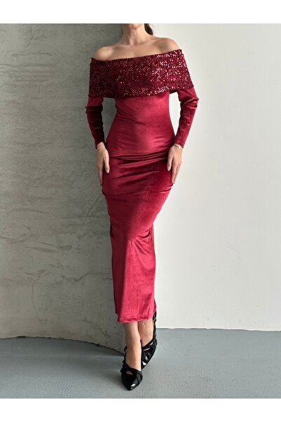 solena sln Γυναικείο φόρεμα με παγιέτες με βελούδινο γιακά μενταγιόν, μίντι μ...