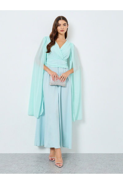 Take Two By Styli Teal Solid Pleated Cape Sleeve Maxi Dress