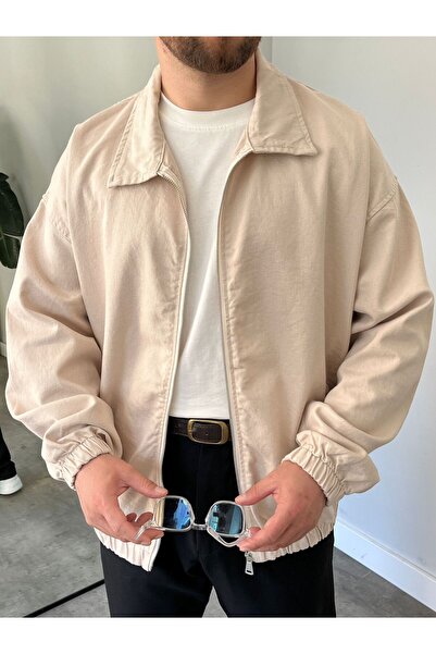 freemen Men's Basic Gabardine Fabric Zippered Oversized Transitional Polo Collar Beige Jacket