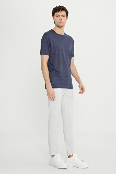 ALTINYILDIZ CLASSICS Men's Navy Blue 100% Linen Slim Fit Slim Fit Crew Neck T-Shirt