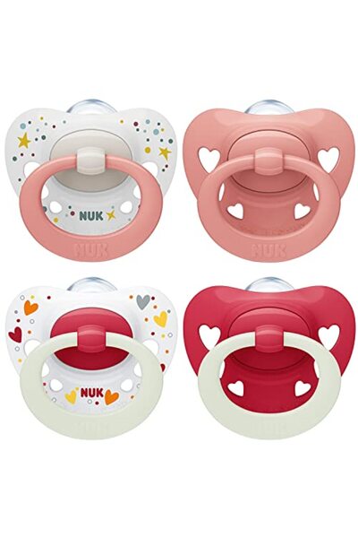Nuk Signature Day & Night Pacifier, 0-6 months, BPA-free silicone, heart-shaped, glow-in-dark, 4 pcs