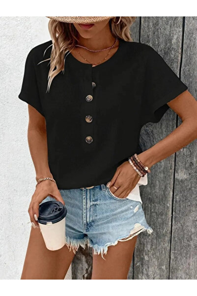 BALCI Women's Short Sleeve Open Front Buttoned Waffle Blouse