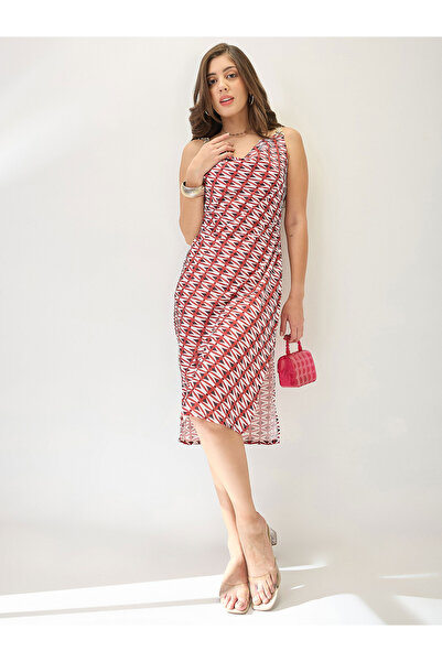 Globus By Styli Red Cowl Neck Side Slits Sheath Midi Dress