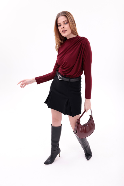 mooishan Novel Women's High Waist Belted Pleated Cashmere Mini Skirt New Season