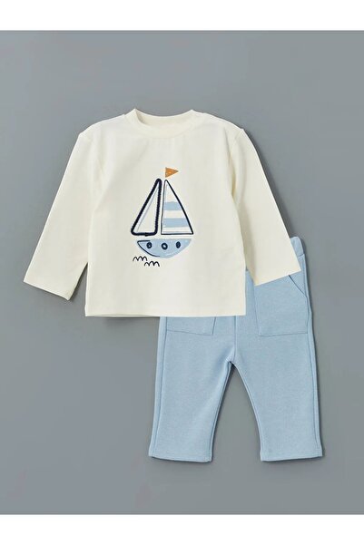 LC Waikiki Lcw Baby Beige Crew Neck Printed Baby Boy T-Shirt and Sweatpants S...