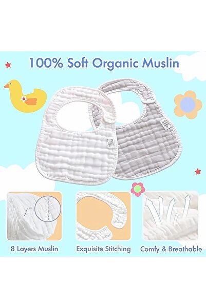 bolivia Muslin Baby Bibs, 6-Pack Adjustable Bandana Bibs with 8-Layer 100% Organic Cotton